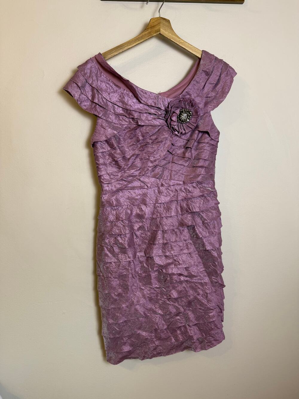 London Times Dress Womens Mauve Shimmer Satin Tiered Layered Midi 12P